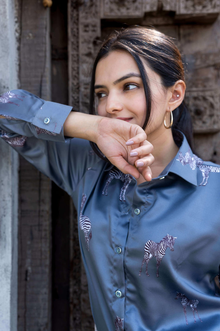 Steel Grey Zebra Printed Shirt